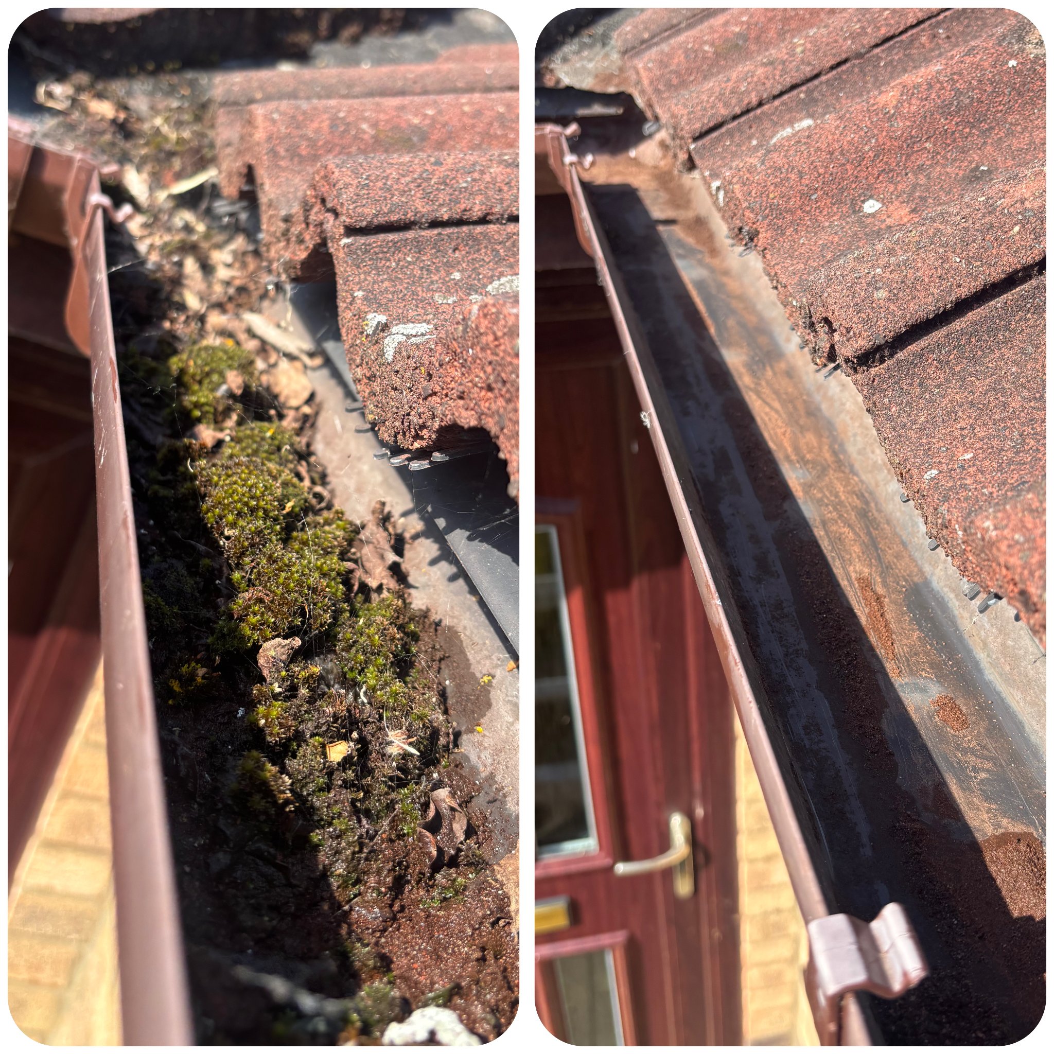 Gutter before and after cleaning — moss and debris removed, Lincoln — photo 1